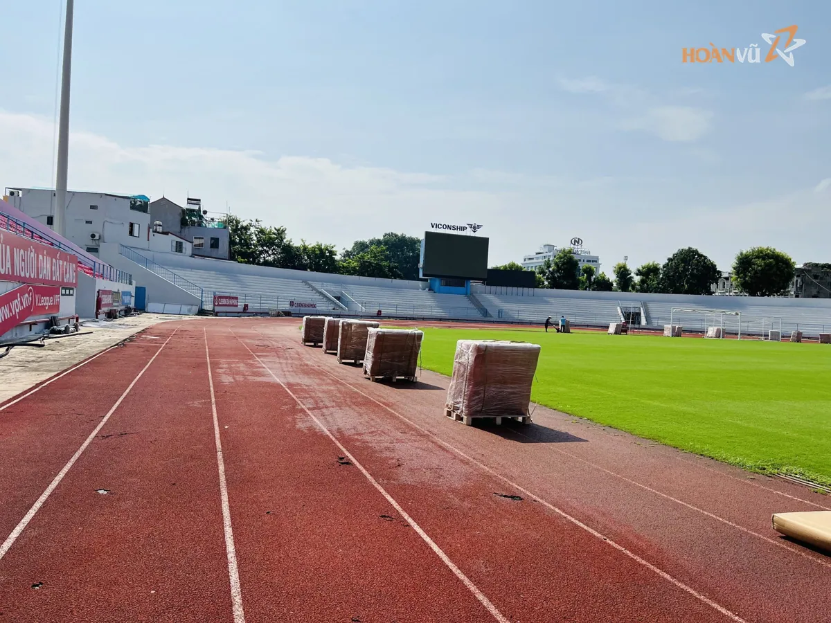 LED cabinet cases staged on the stadium running track