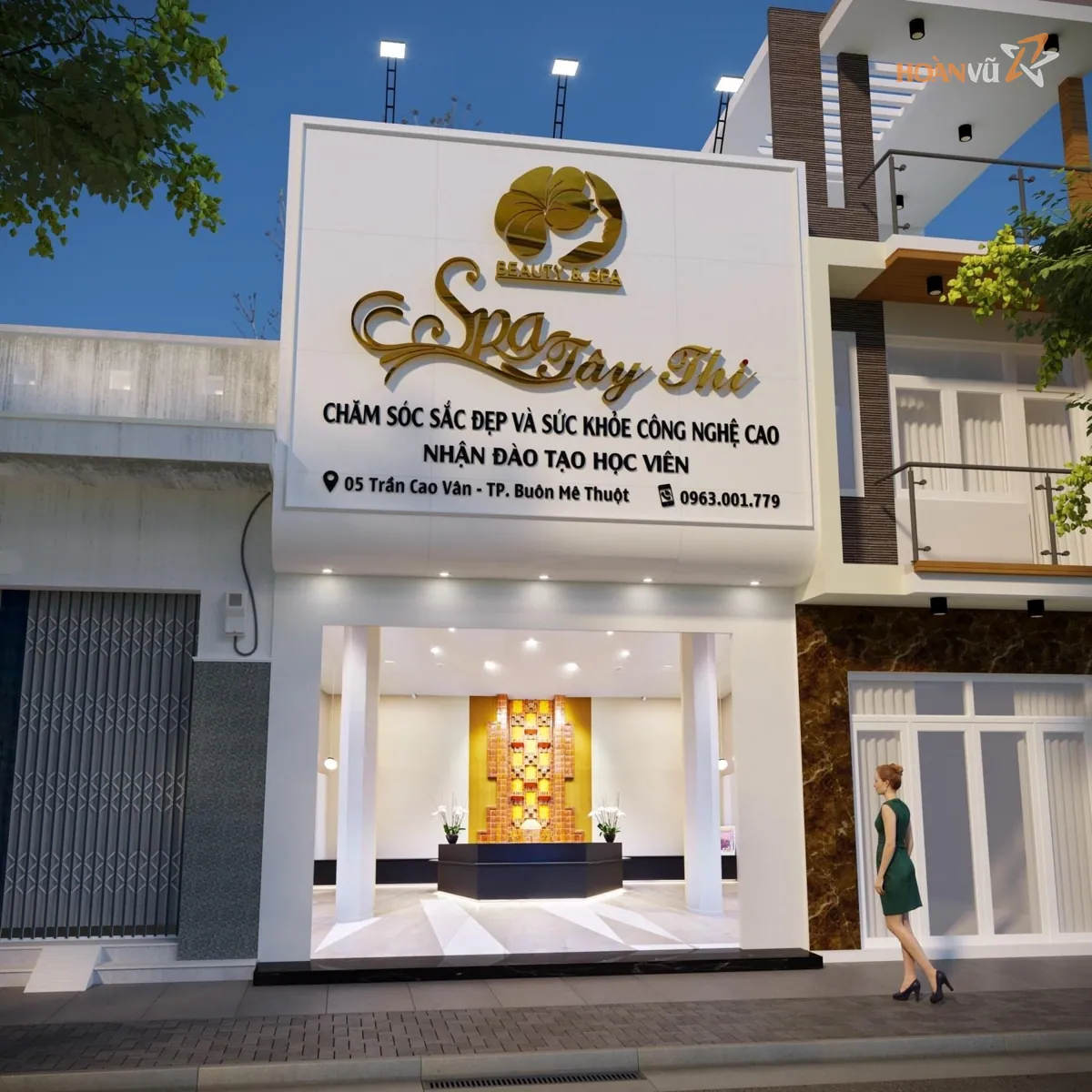 Phối cảnh mặt tiền spa bảng hiệu trắng