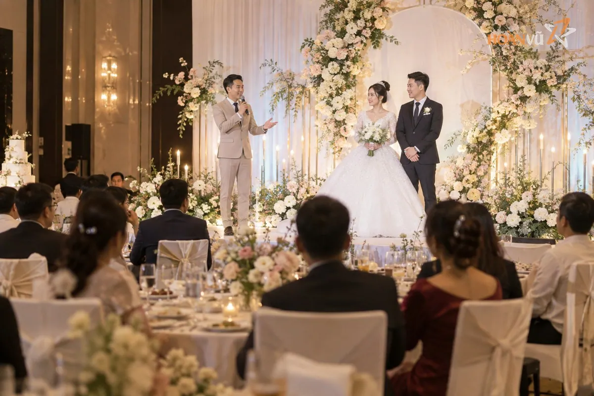 MC dẫn tiệc cưới trên sân khấu, cô dâu chú rể đứng bên cạnh, khách ngồi bàn tròn