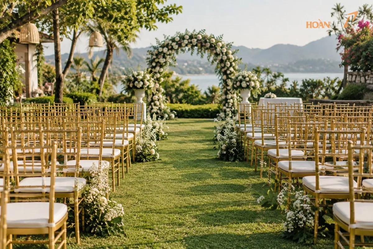 Ghế Chiavari màu vàng xếp hàng trong tiệc cưới sân vườn