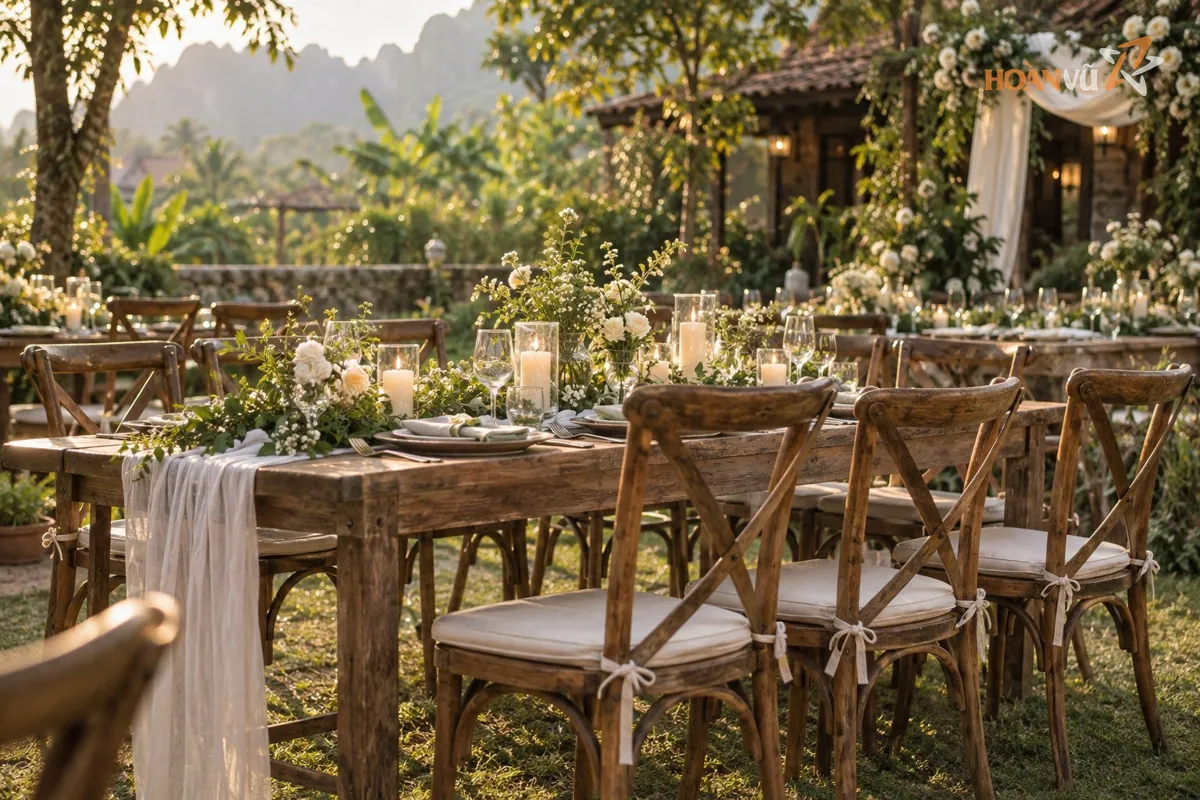 Ghế gỗ Cross-back lưng chữ X quanh bàn gỗ tiệc cưới phong cách vintage