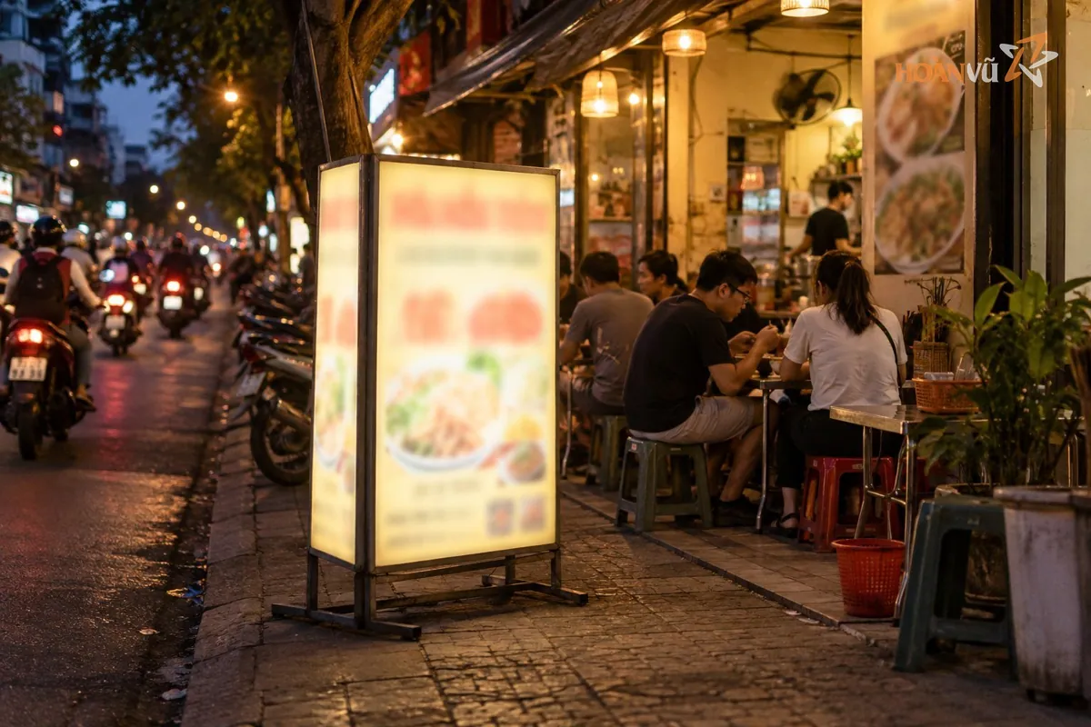 Hộp đèn đứng hai mặt đặt trước quán ăn vỉa hè buổi tối, ánh sáng ấm