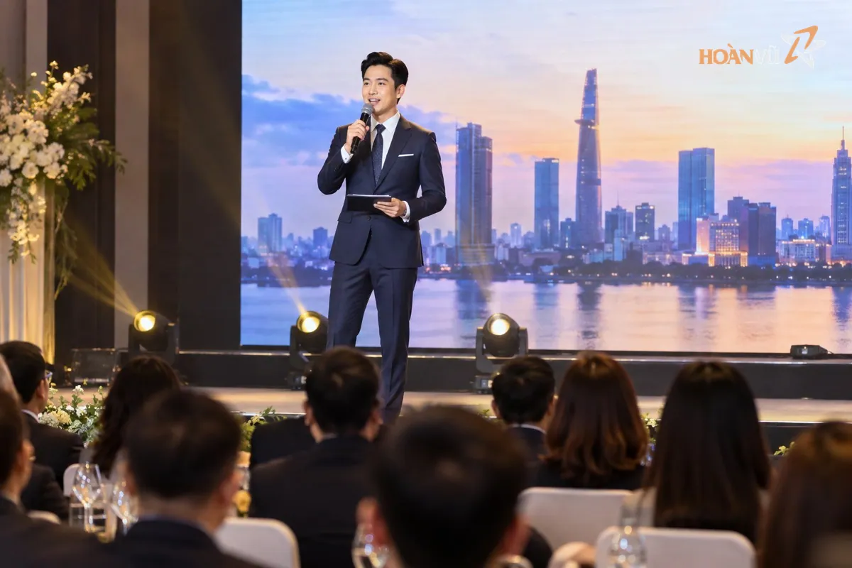 MC nam hoặc nữ cầm micro dẫn chương trình trên sân khấu hội nghị, trang phục lịch sự