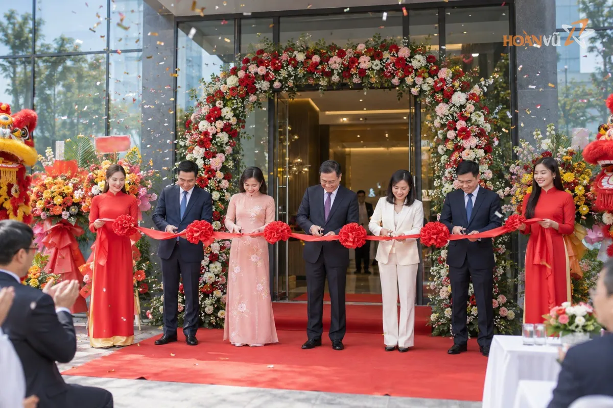 Lãnh đạo công ty và khách mời cắt băng khai trương trước cửa văn phòng mới, có cổng hoa