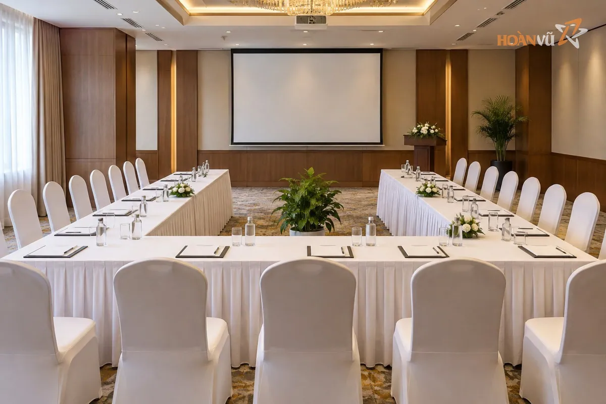 Phòng họp xếp bàn chữ U phủ khăn, ghế xung quanh, màn hình trình chiếu ở đầu phòng