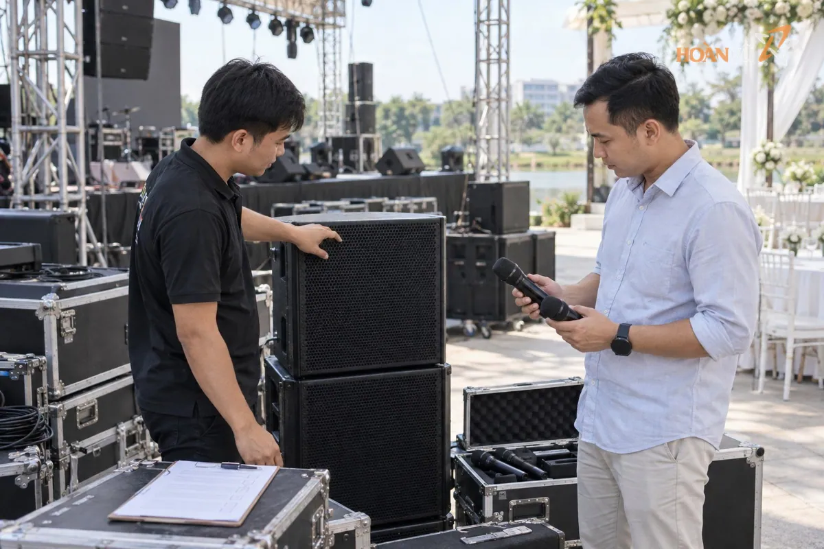 Kỹ thuật viên và khách hàng cùng kiểm tra loa, micro khi bàn giao thiết bị