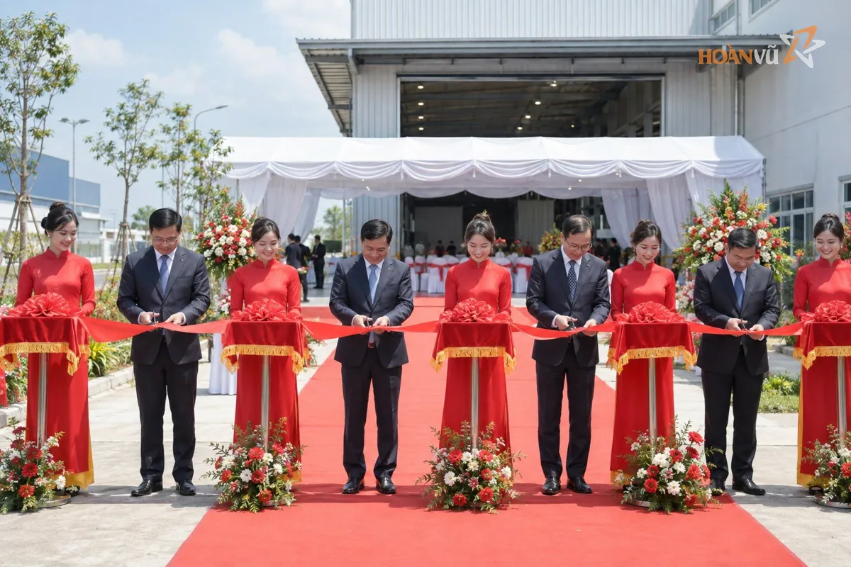 Nghi thức cắt băng khánh thành nhà xưởng với đại biểu và băng đỏ