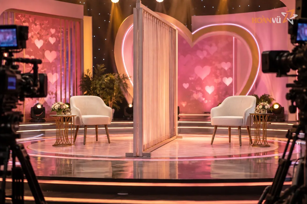 Sân khấu gameshow hẹn hò với hai ghế ngồi ngăn cách bởi tấm màn, ánh sáng hồng ấm