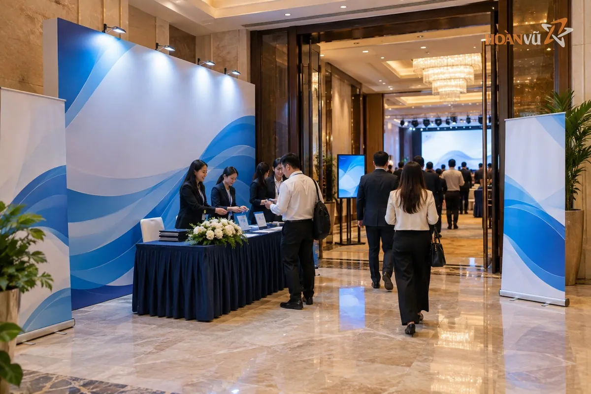 Backdrop in bạt và băng rôn tại lối vào một hội thảo doanh nghiệp