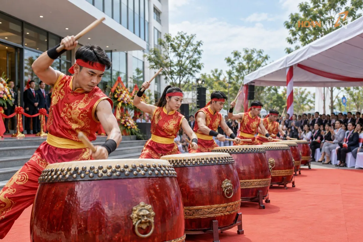 Đội trống biểu diễn trong lễ khánh thành ngoài trời