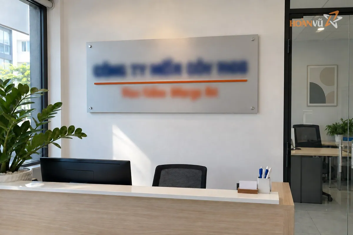 Biển tên công ty nền alu chữ nổi gắn tại sảnh văn phòng nhỏ, bố cục đơn giản hai màu
