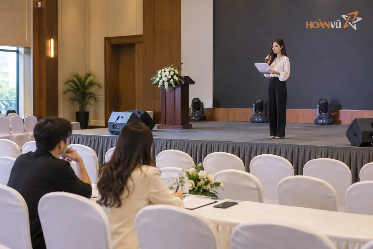 Buổi dẫn thử: MC trẻ đứng đọc kịch bản trước ban tổ chức ngồi ở hàng ghế đầu hội trường