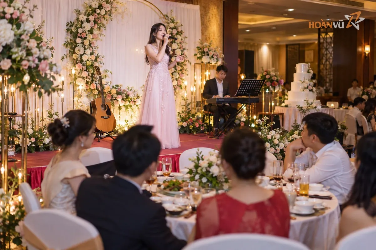 Ca sĩ hát trên sân khấu nhỏ trong tiệc cưới tại nhà hàng, khách ngồi bàn tròn phía dưới