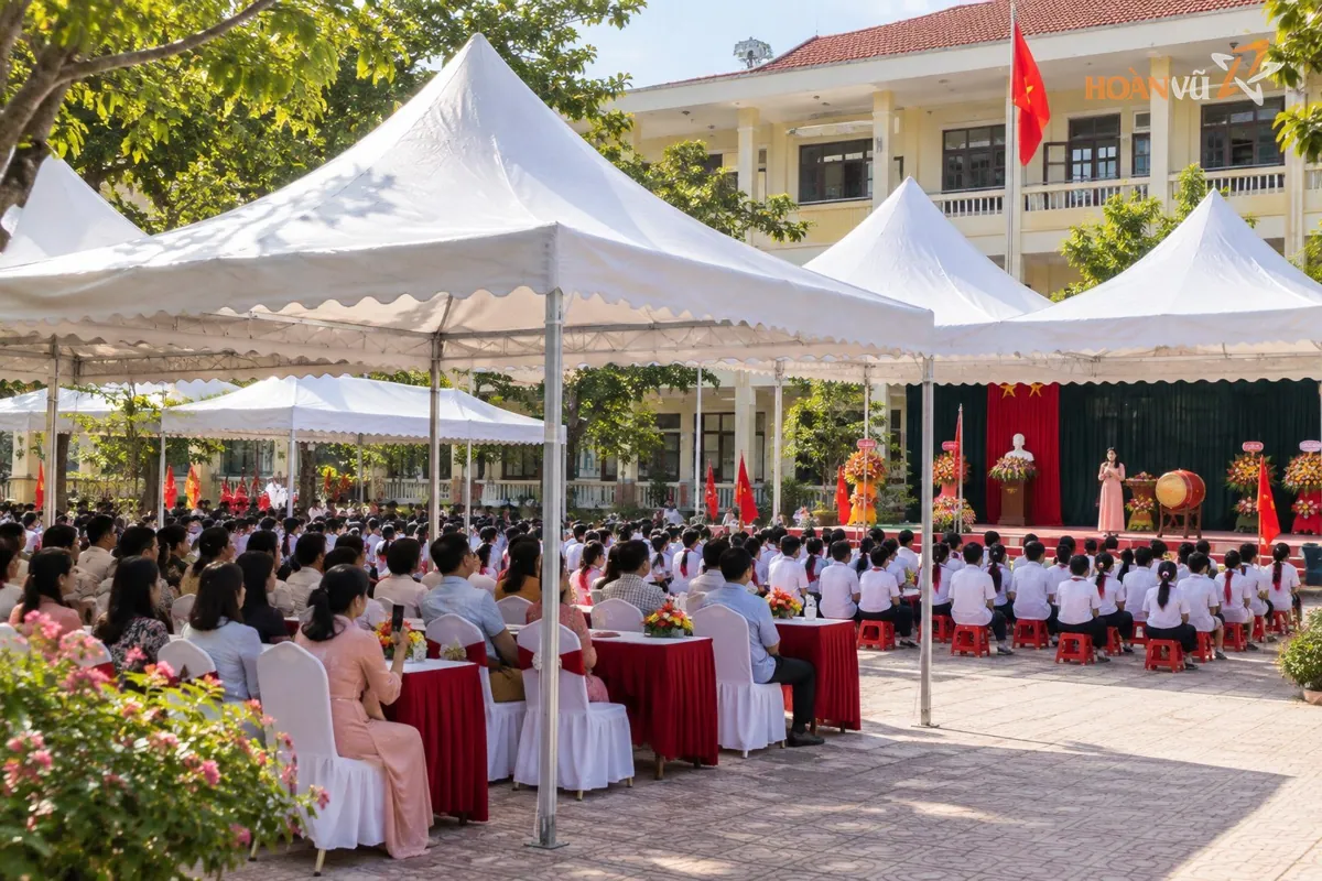 Dù chóp nhọn màu trắng dựng trên sân trường cho lễ khai giảng