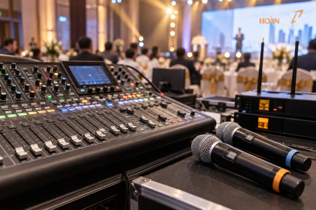 Cận cảnh bàn mixer âm thanh và micro không dây tại một sự kiện trong nhà