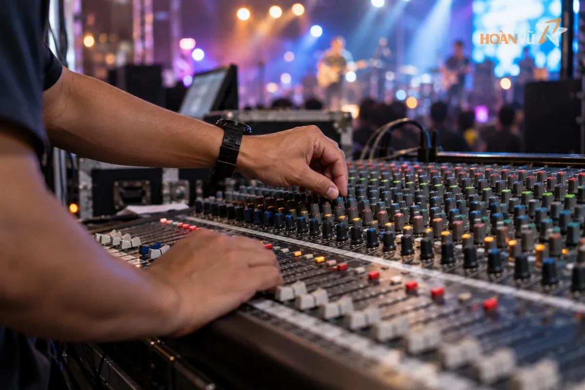 Cận cảnh tay kỹ thuật viên chỉnh núm EQ trên bàn mixer âm thanh tại sự kiện