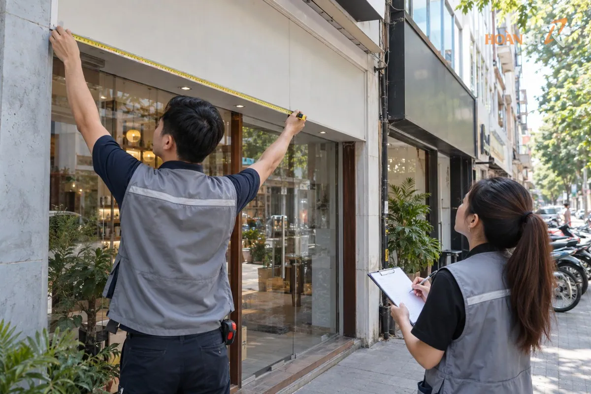 Nhân viên khảo sát đo kích thước mặt tiền cửa hàng bằng thước dây trước khi báo giá biển