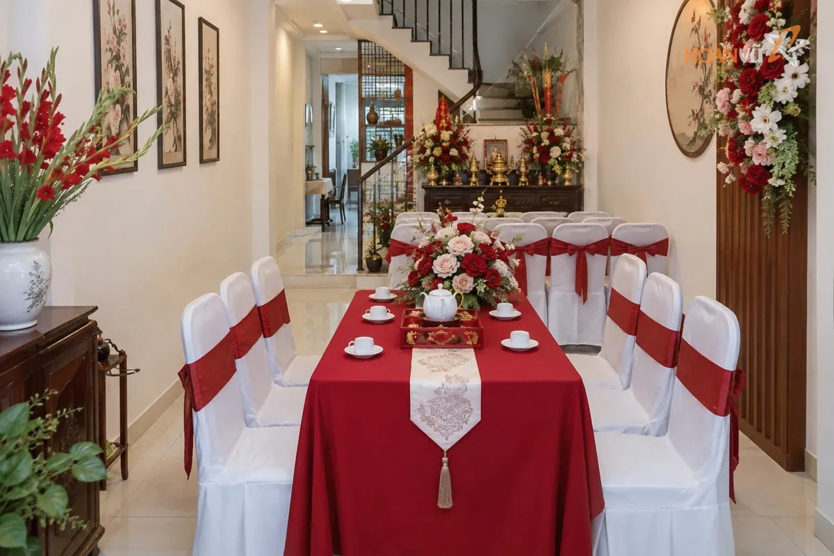 Phòng khách nhà phố hẹp ngày rước dâu, một bàn tộc giữa nhà, phía dưới xếp ghế bọc vải