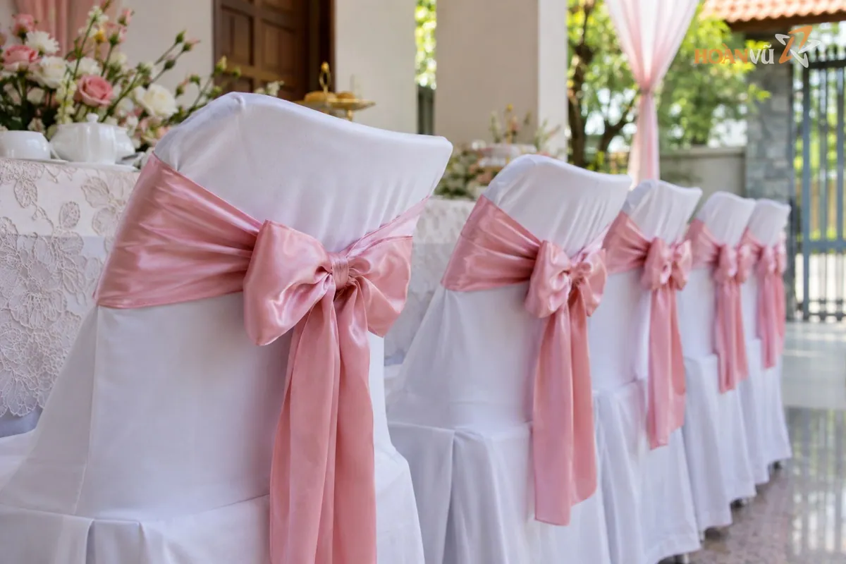 Ghế nhựa bọc vải trắng thắt nơ ruy băng xếp gọn