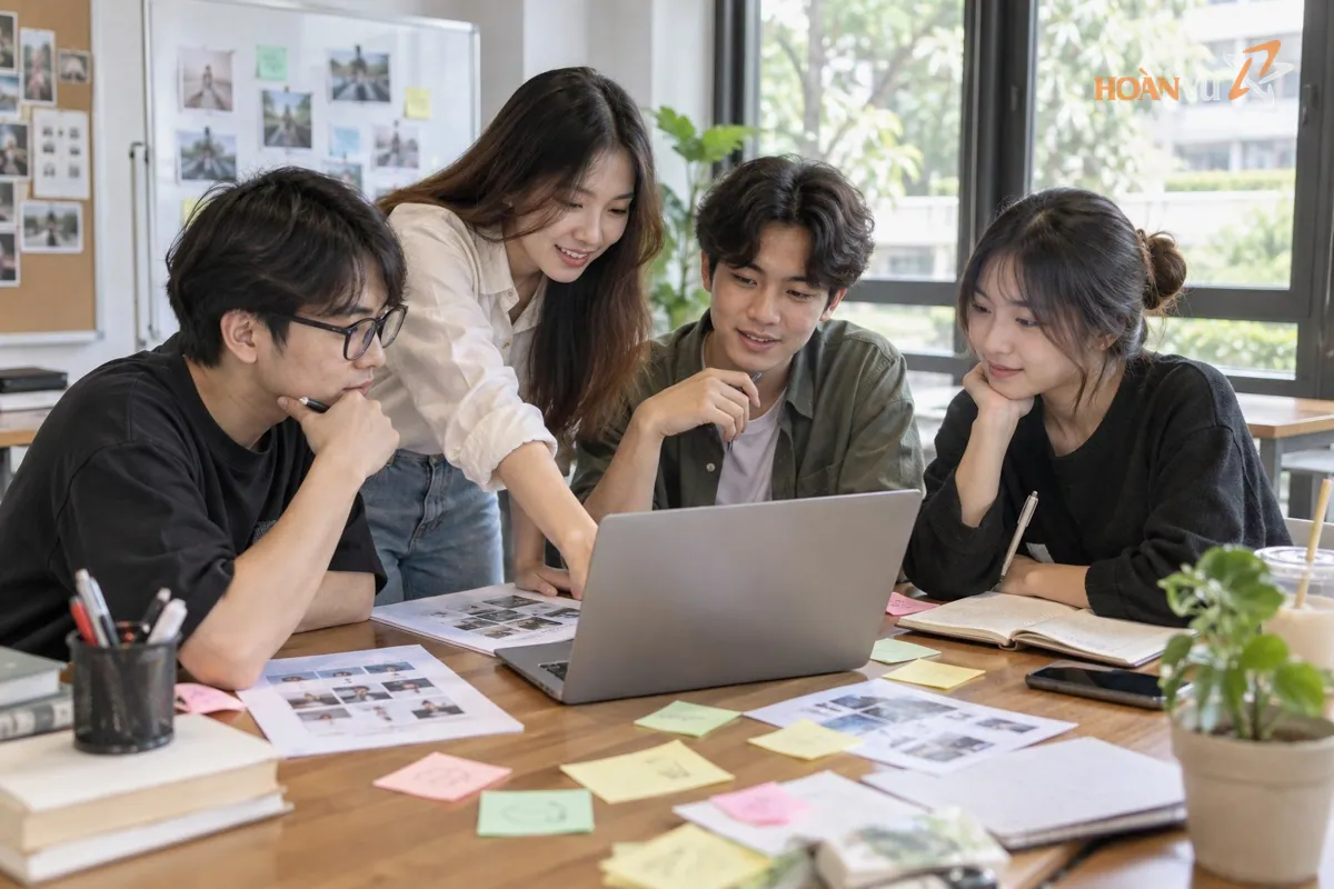 Nhóm sinh viên ngồi quanh bàn, cùng lên kế hoạch nội dung trên laptop và giấy note