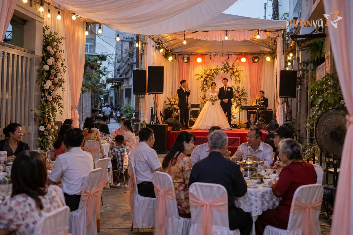 Tiệc cưới tại nhà có rạp, sân khấu nhỏ, loa và đèn