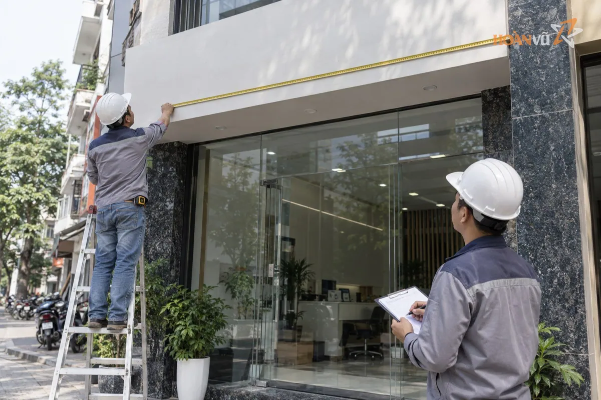 Nhân viên thi công đo đạc, khảo sát mặt tiền văn phòng công ty trước khi làm biển