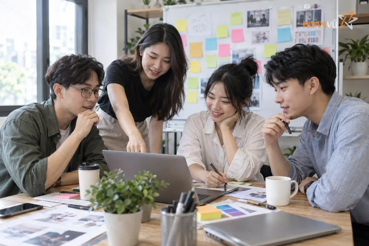 Đồng nghiệp trẻ trao đổi ý tưởng quanh bàn làm việc, bảng kế hoạch dán giấy note phía sau