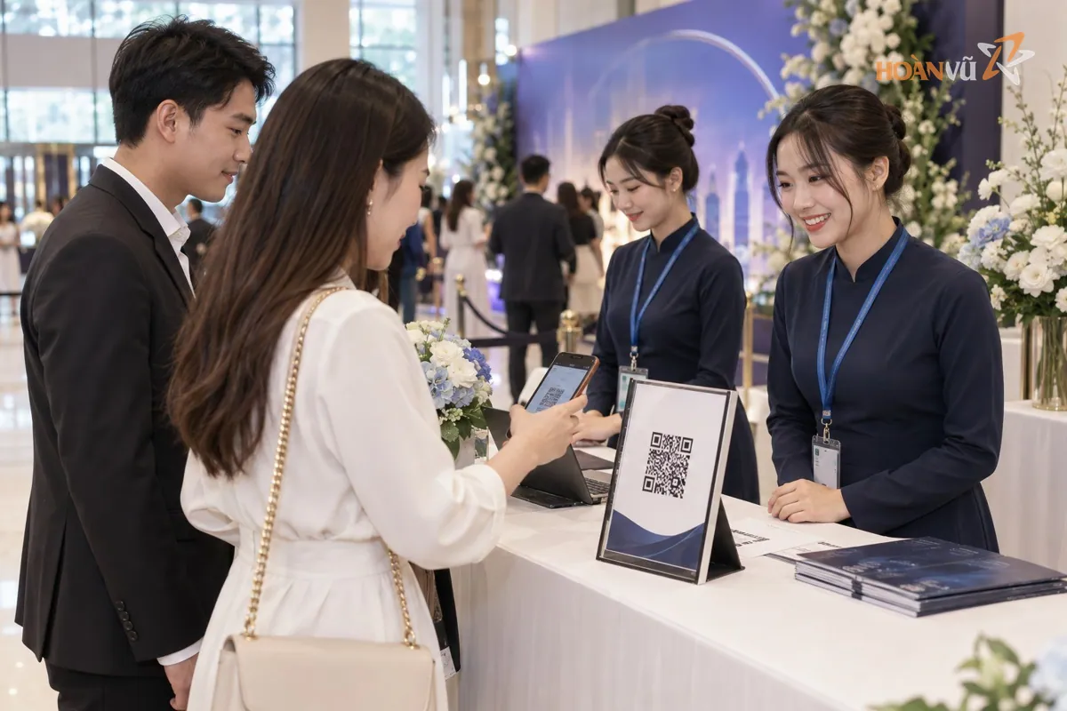 Khu check-in sự kiện với bàn đón khách, mã QR đăng ký và nhân viên tiếp đón mỉm cười