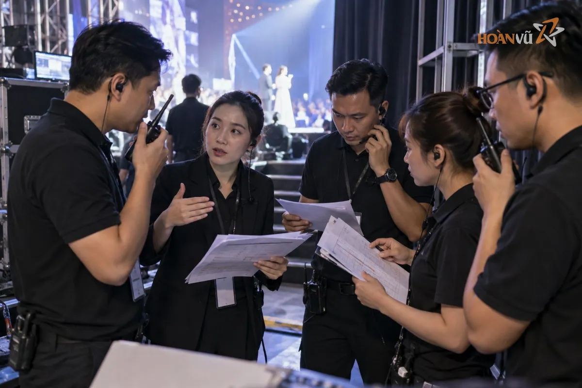 Ban tổ chức họp nhanh bên cánh gà với bộ đàm và kịch bản in, xử lý tình huống phát sinh