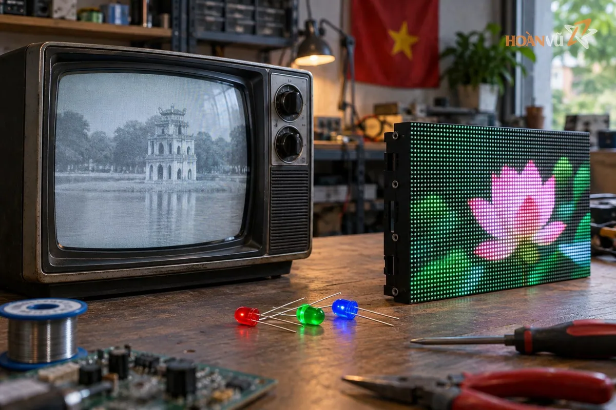 Ảnh minh hoạ các thế hệ hiển thị: tivi CRT cũ, bóng LED đơn và module LED hiện đại đặt