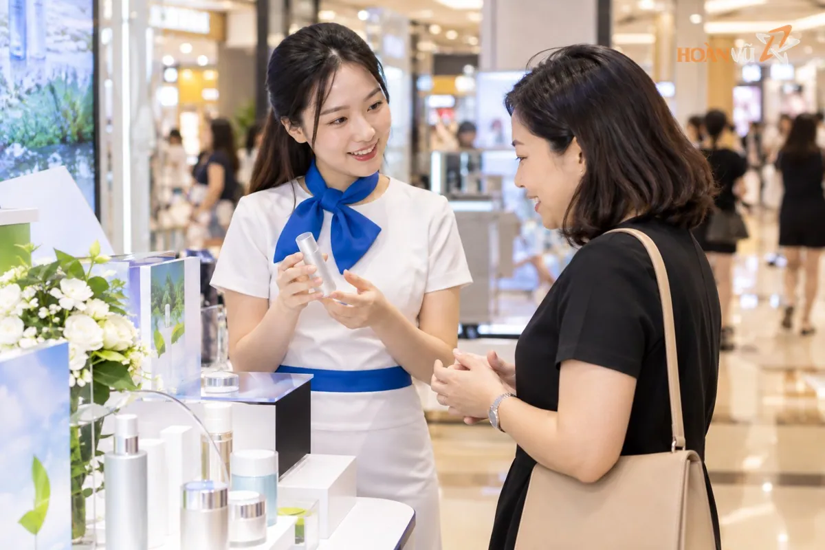 PG giới thiệu sản phẩm cho khách tại gian hàng trong trung tâm thương mại