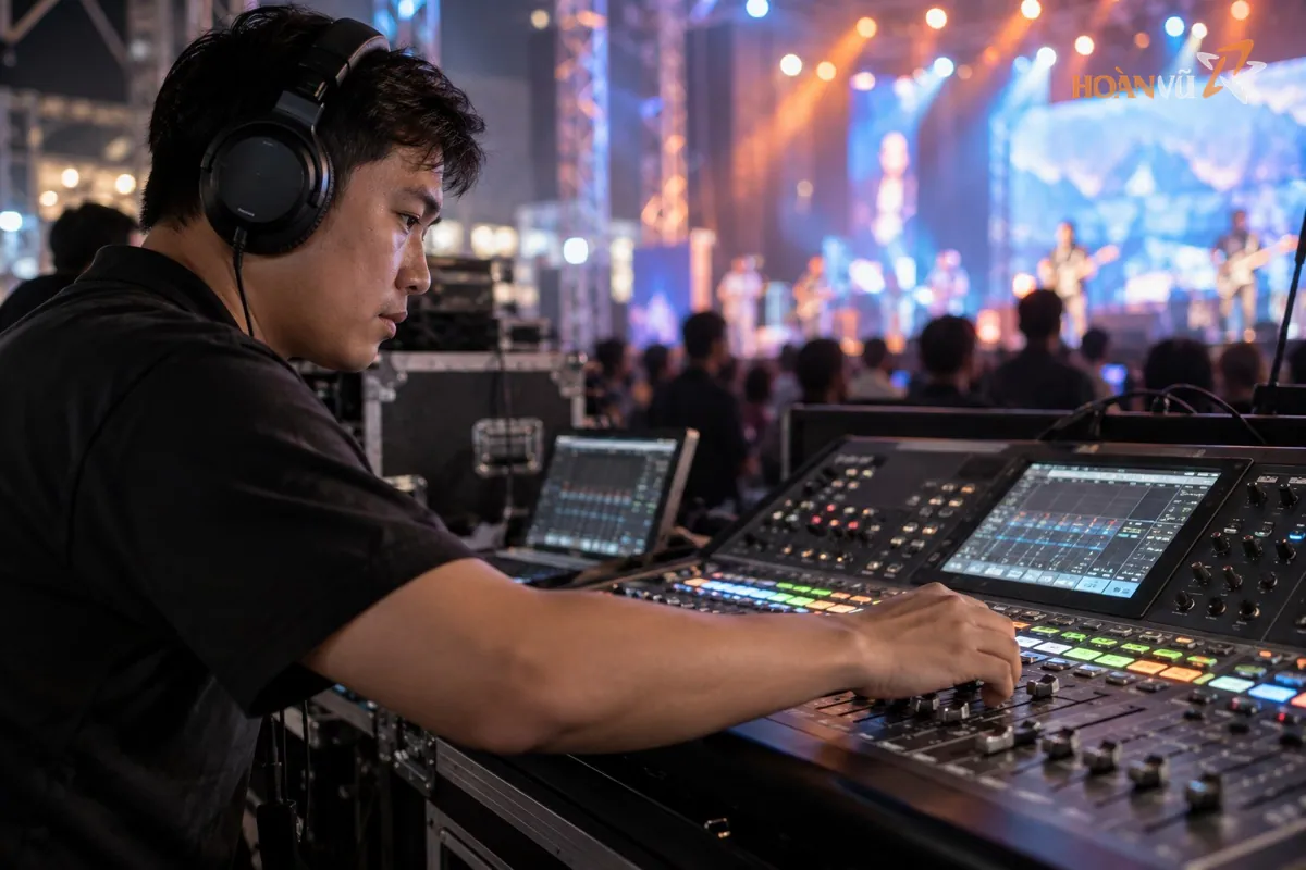Cận cảnh kỹ thuật viên đeo tai nghe chỉnh bàn mixer âm thanh tại sự kiện