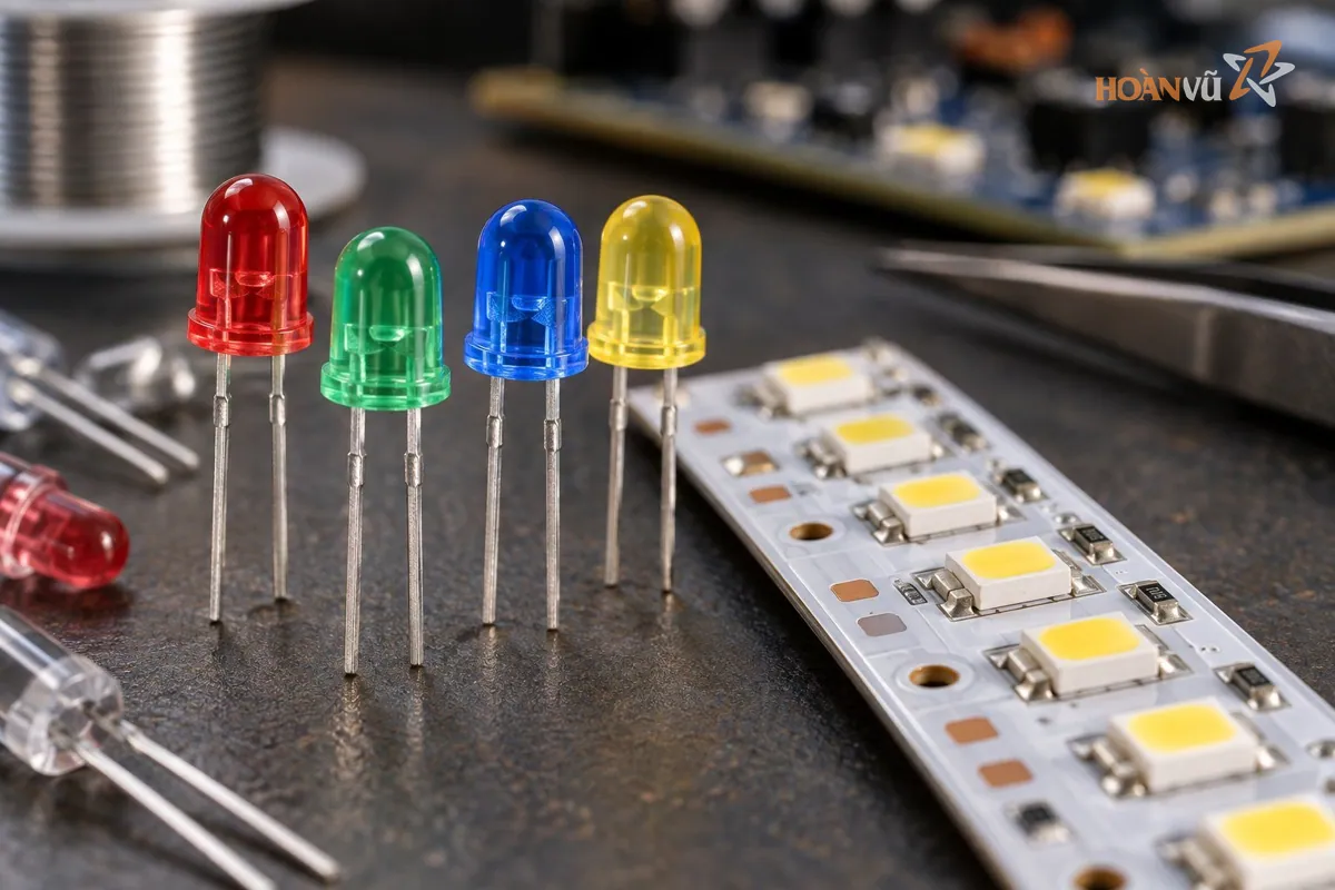 Cận cảnh so sánh bóng LED DIP chân cắm và chip LED SMD trên bảng mạch