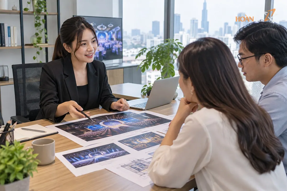 Nhân viên sự kiện tư vấn cho khách hàng tại văn phòng, bàn có bản phối cảnh sân khấu