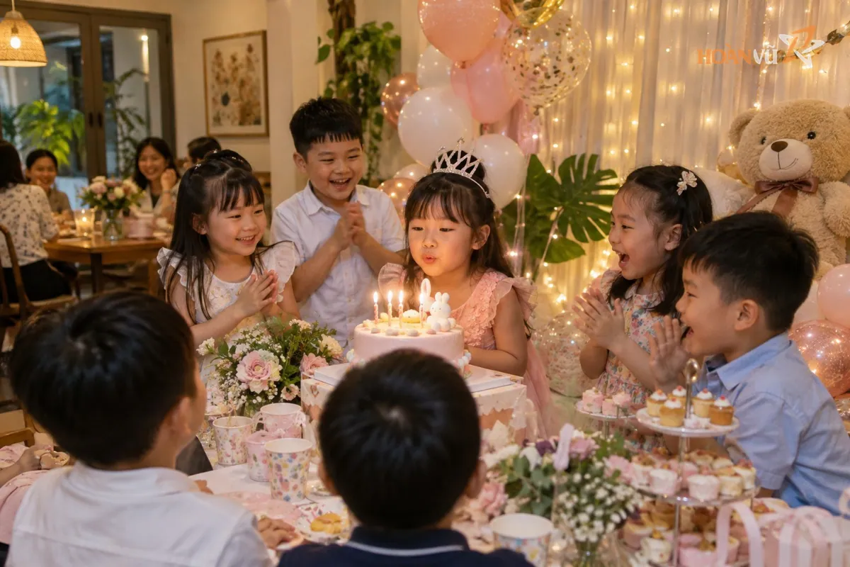 Tiệc sinh nhật trẻ em trong nhà với ánh sáng vàng dịu, dây đèn trang trí phông nền, các