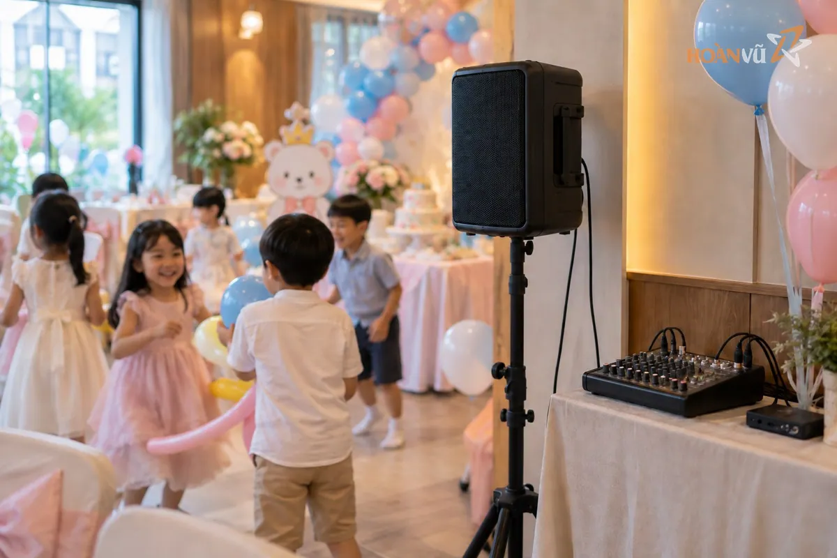 Loa nhỏ và bàn trộn âm đặt gọn góc phòng tiệc sinh nhật, âm lượng vừa phải