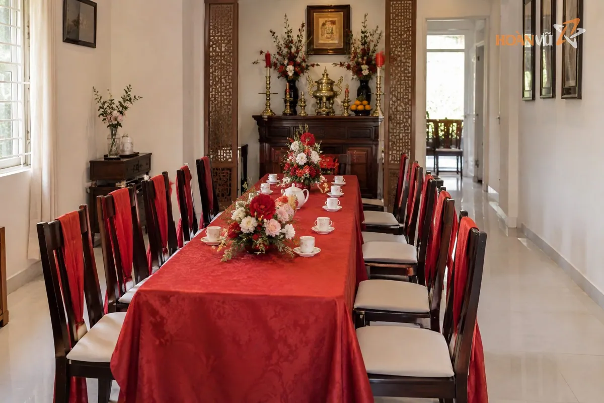 Phòng khách nhà phố nhỏ đã dọn gọn, bàn tộc hình chữ nhật phủ khăn đỏ, ghế hai bên cho
