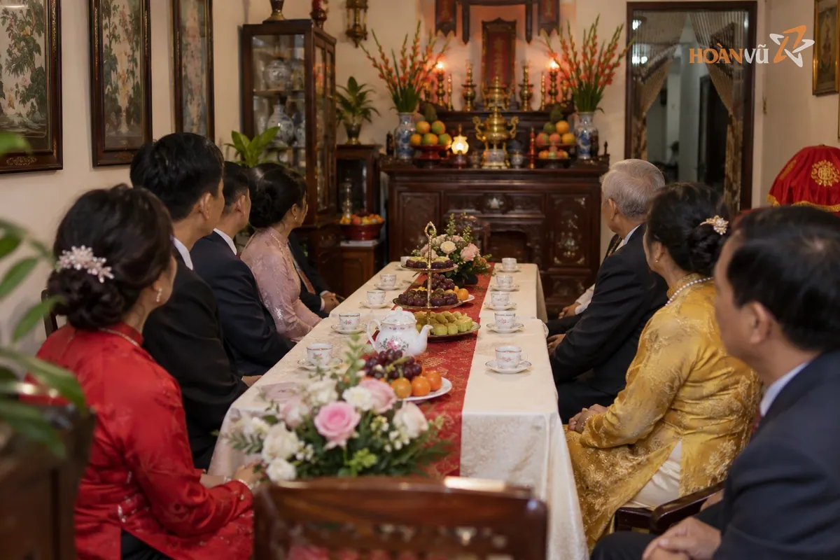 Bàn tộc chữ nhật trong phòng khách nhỏ, hai họ ngồi hai bên, bàn thờ gia tiên phía sau