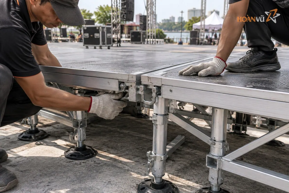 Cận cảnh chân và tấm sàn sân khấu lắp ráp đang được ghép, thấy rõ khoá nối