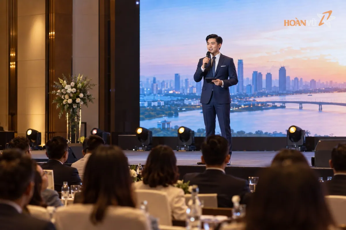 MC nam hoặc nữ cầm micro dẫn chương trình trên sân khấu hội nghị, trang phục lịch sự