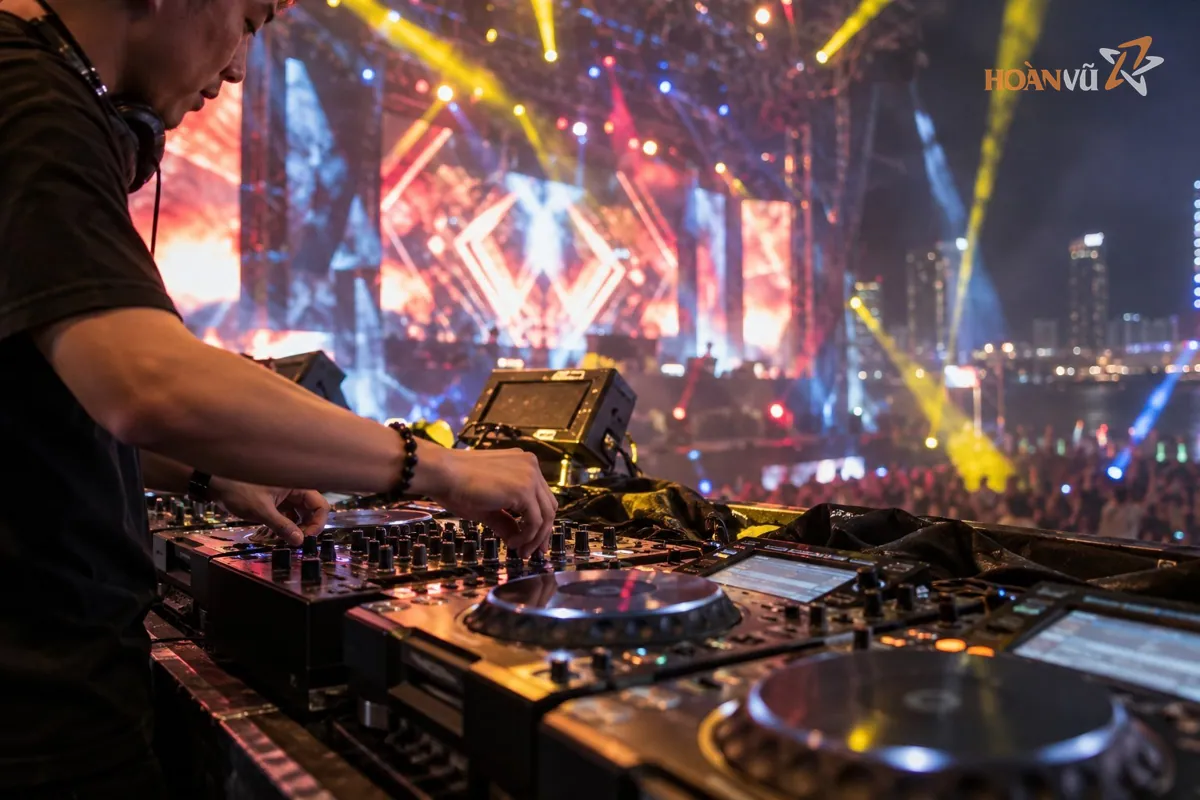 Bàn DJ trình diễn trực tiếp trên sân khấu sự kiện với đèn hiệu ứng phía sau