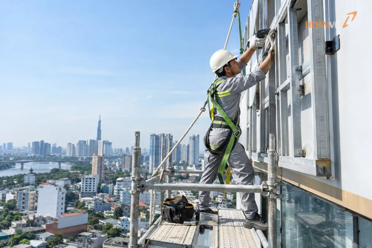 Thợ thi công đeo dây đai an toàn, mũ bảo hộ lắp biển quảng cáo trên cao