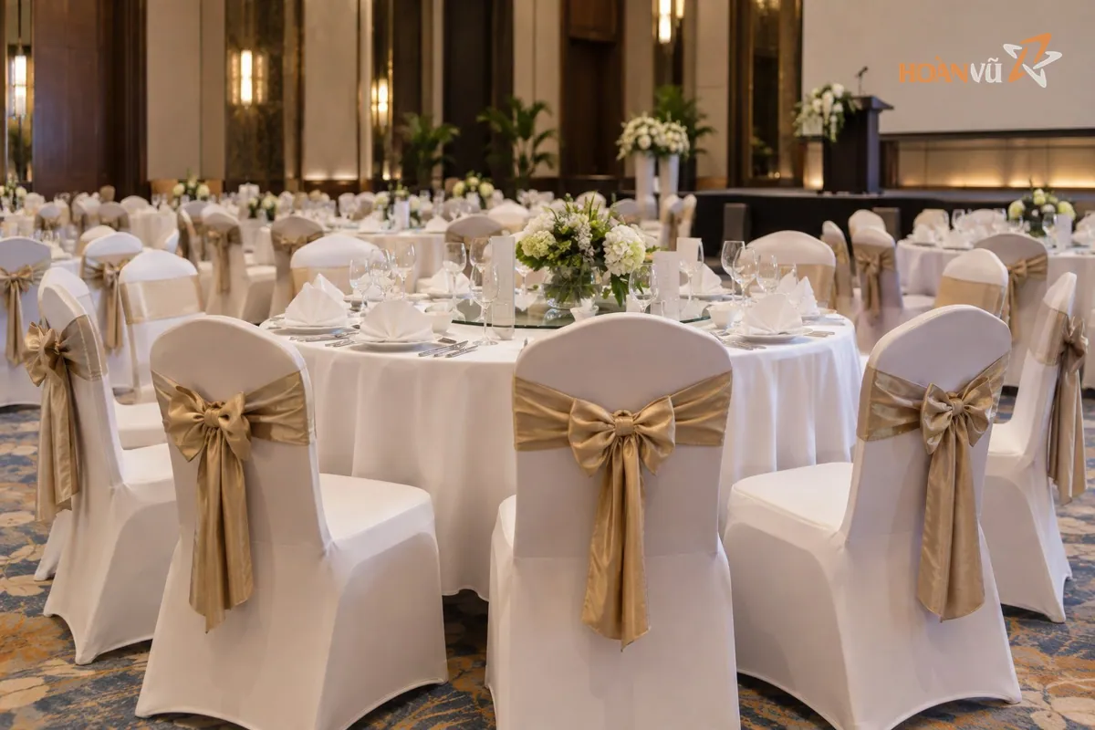 Dãy ghế banquet bọc áo trắng có nơ ruy băng xếp quanh bàn tiệc hội nghị