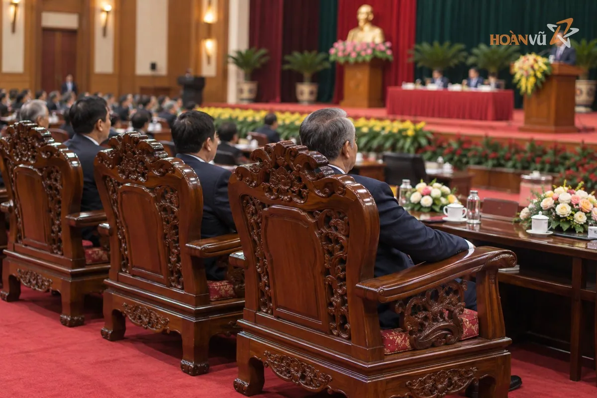 Ghế gỗ truyền thống chạm khắc đặt ở hàng ghế khách mời danh dự trong hội nghị