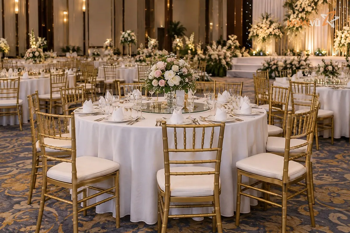 Bàn tiệc tròn phủ khăn trắng với ghế Tiffany trong sảnh tiệc cưới