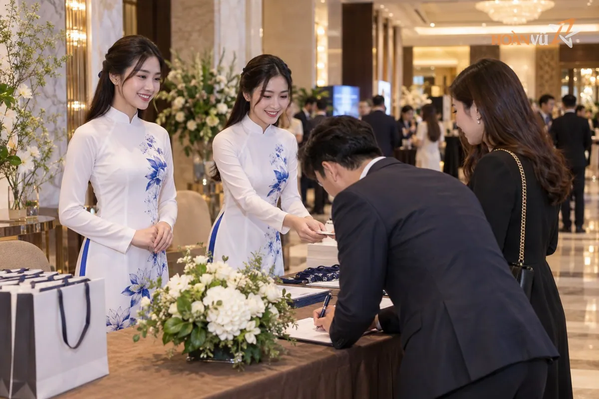 Hai bạn PG mặc áo dài đón khách tại bàn check-in của một sự kiện ra mắt sản phẩm trong