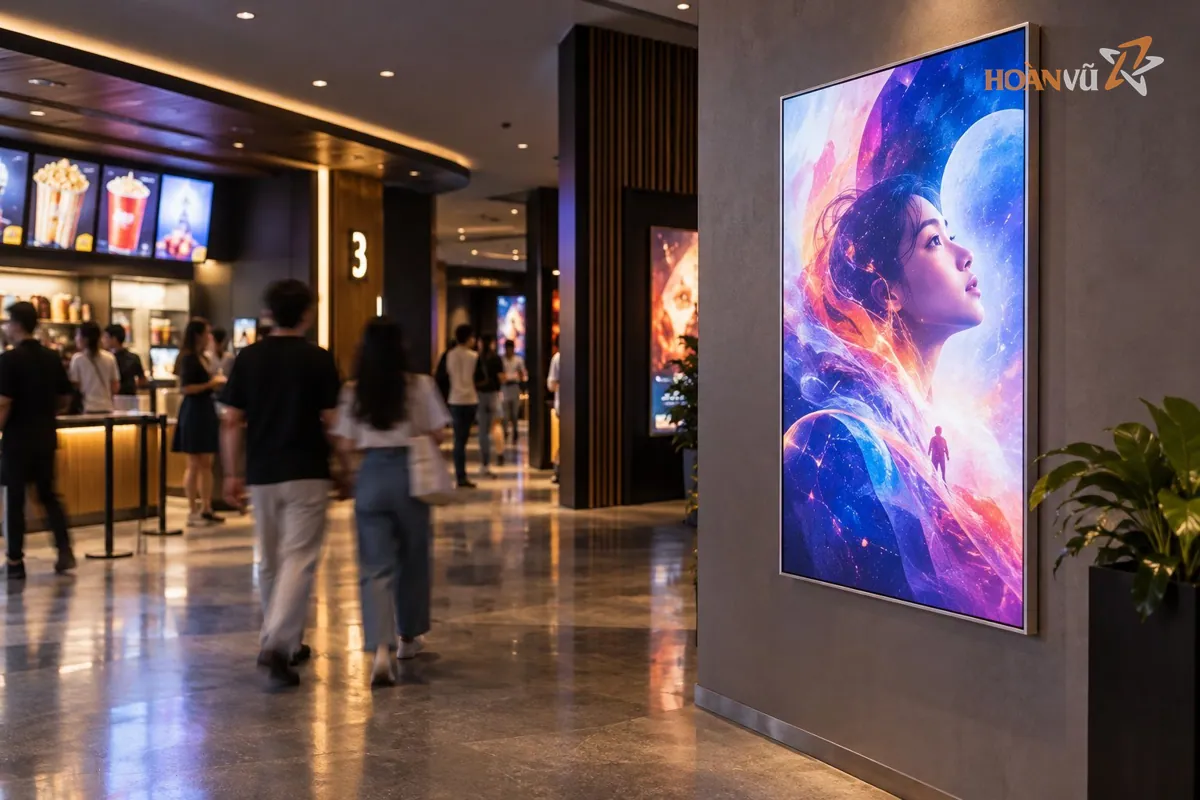 Biển hộp đèn siêu mỏng treo tường trong sảnh rạp chiếu phim, khung nhôm mảnh, poster phát