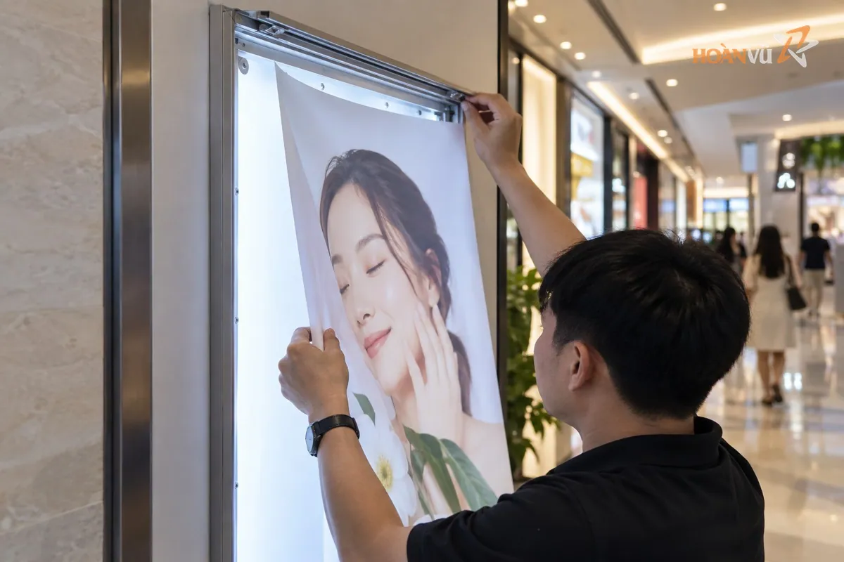 Thợ thay poster trong hộp đèn nắp bật mở khung bốn cạnh tại trung tâm thương mại