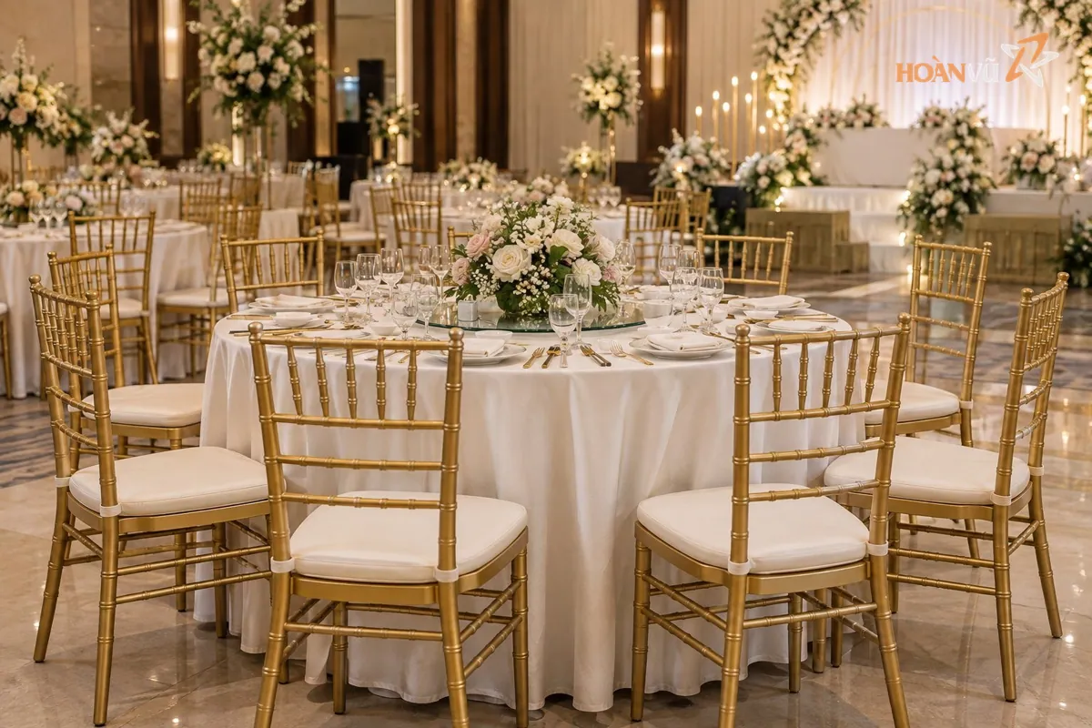 Ghế Chiavari màu vàng gold xếp quanh bàn tiệc cưới tròn phủ khăn trắng