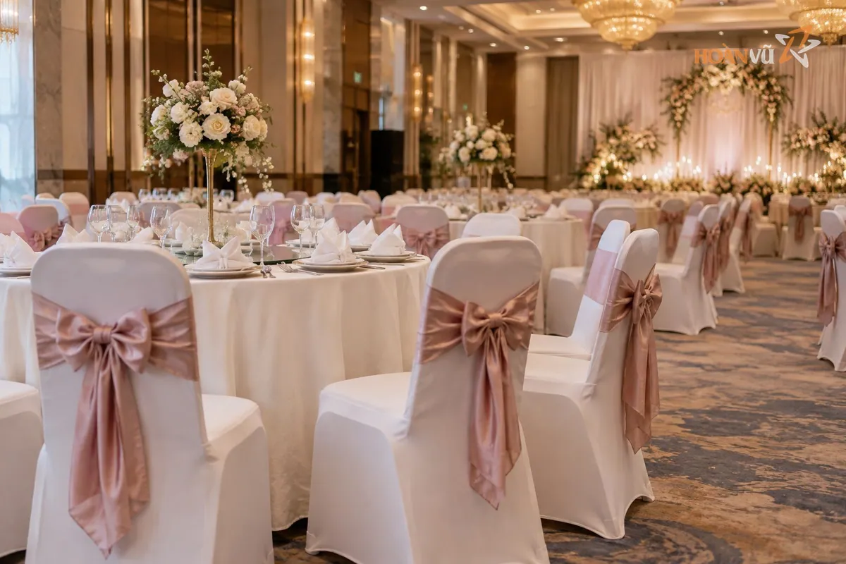 Ghế Banquet có đệm bọc vải và nơ, xếp theo dãy trong sảnh tiệc